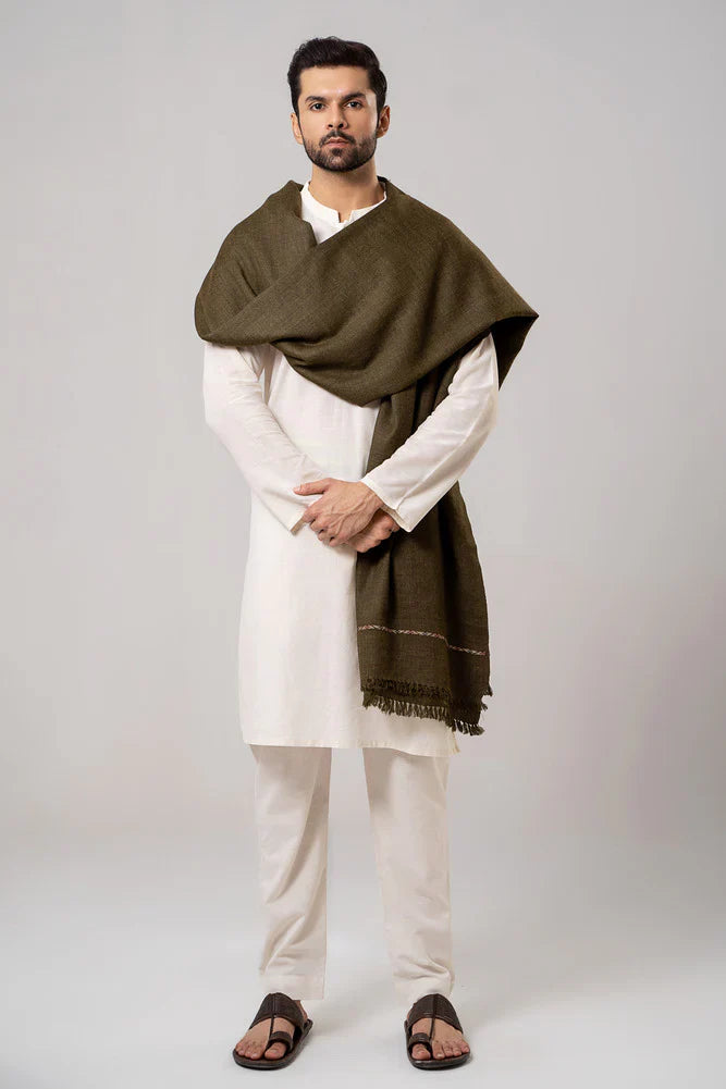J. Men's Winter Wool Shawl - Olive Green